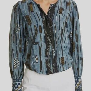 Kobi Halperin Blue Patterned Long-Sleeve Silk Blouse